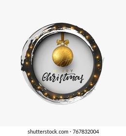 Christmas greeting illustration. Round hole, black abstract frame, with bright light golden garlands, and xmas ornaments balls. 