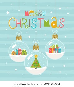 Christmas greeting illustration - three snow globe hanging baubles. Vector illustration.