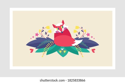 Christmas greeting or invitation card.  Cute fox and floral design. Banner, poster template.  Flat design