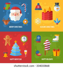 Christmas greeting or invitation cards and banners with flat winter elements - Santa, deer, gingerbread cookie, stocking, xmas tree, snowflakes