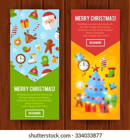 Christmas greeting or invitation cards and banners with flat winter elements - Santa, deer, gingerbread cookie, stocking, xmas tree, snowflakes