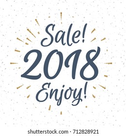 Christmas greeting label consisting sign sale 2018 enjoy with gold sunburst isolated on snow holiday background. Vector Illustration