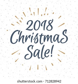 Christmas greeting label consisting sign 2018 christmas sale with gold sunburst isolated on snow holiday background. Vector Illustration