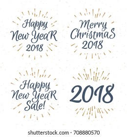 Christmas greeting label label set consisting sign Merry Christmas Happy New Year sale with gold sunburst isolated on snow holiday background. Vector Illustration