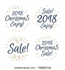 Christmas greeting label label set consisting sign Merry Christmas sale with gold sunburst isolated on snow holiday background. Vector Illustration