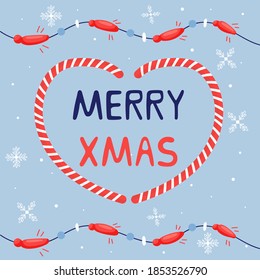 Christmas greeting lettering Merry xmas with garland. Holiday cute elements Caramel heart. New year greeting card