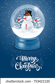 Christmas Greeting. Magic snow globe with cute snowman and flying snowflakes. Realistic vector illustration. 