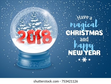 Christmas Greeting. Magic snow globe with digits 2018 and flying snowflakes. Realistic vector illustration. 