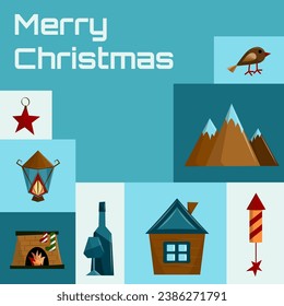 Christmas greeting minimalist greeting card with holiday elements on blue background background with inscription. New Year poster in abstract style. Vector flat illustration.