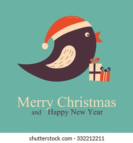 Christmas Greeting and New Year card with bird. Vector illustration