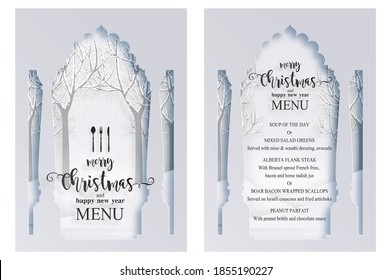 Christmas Greeting and New Years dinner menu card templates with beautiful winter and snowfall patterned paper cut art and craft style on paper color background.