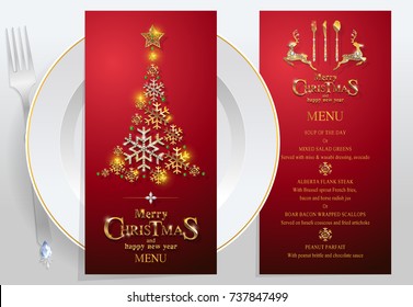 Christmas Greeting and New Years dinner menu card templates with gold patterned and crystals on background color.