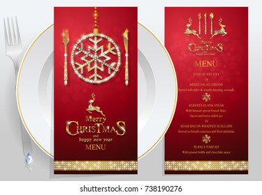 Christmas Greeting And New Years Dinner Menu Card Templates With Gold Patterned And Crystals On Background Color.