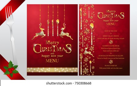 Christmas Greeting and New Years dinner menu card templates with gold patterned and crystals on background color.