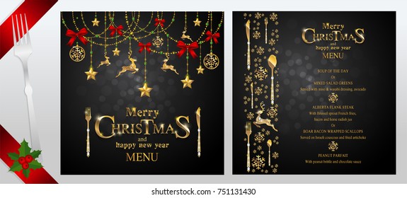 Christmas Greeting And New Years Dinner Menu Card Templates With Gold Patterned And Crystals On Background Color.