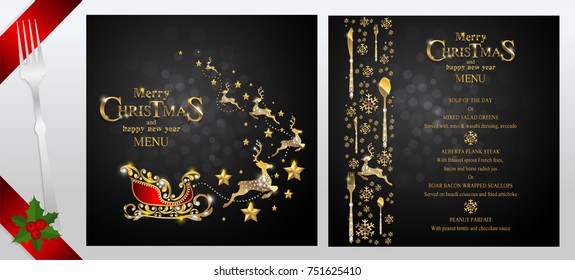 Christmas Greeting And New Years Dinner Menu Card Templates With Gold Patterned And Crystals On Background Color.