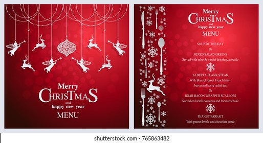 Christmas Greeting and New Years dinner menu card templates with Paper art and craft style. on paper color.