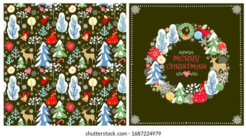 Christmas greeting olive-green craft card and wallpaper with Xmas wreath with baubles, gingerbread, snowy trees and conifer, angel, reindeer, poinsettia, present and paper cutting snowflakes