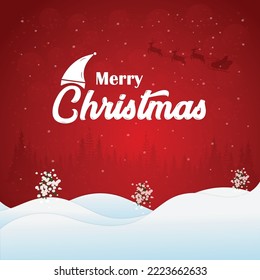 Christmas greeting on red snow background Merry Christmas typographical with Christmas cap vector illustration