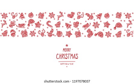 Christmas greeting ornament icons element banner. Red elements and white background. Scribble doodle style. Vector illustration.