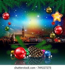 Christmas greeting with panorama of city and pine cone