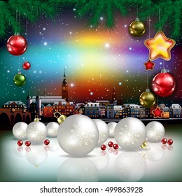 Christmas greeting with panorama of old city and white decorations