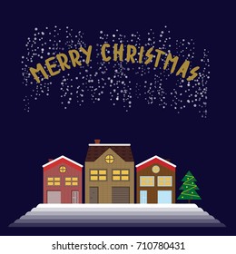 Christmas greeting picture with timbered houses and the Christmas tree with the words merry Christmas