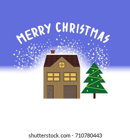 Christmas greeting picture with timbered houses and the Christmas tree vector illustration with the words merry Christmas