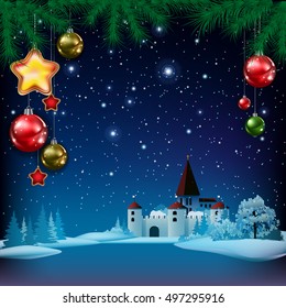 Christmas greeting with pine branch decorations and castle
