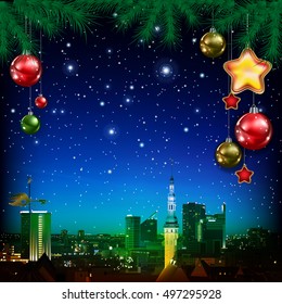 Christmas greeting with pine branch decorations and panorama of city