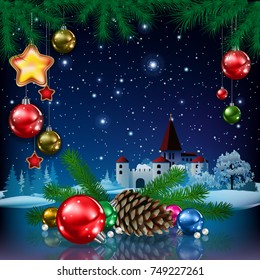 Christmas greeting with pine cone decorations and castle