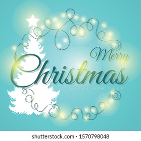 Christmas greeting. Pine tree with light bulb background. Vector illustration