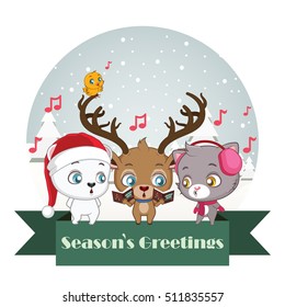 Christmas greeting of a polar bear, reindeer, cat and bird singing carols