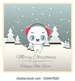 Christmas greeting with polar bear wearing earmuffs