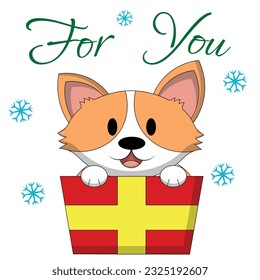 Christmas greeting postcard with character Corgi in gift box