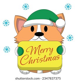 Christmas greeting postcard with character Corgi with poster