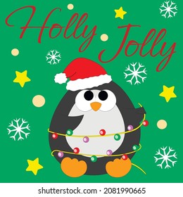 Christmas greeting postcard with character Penguin in garland