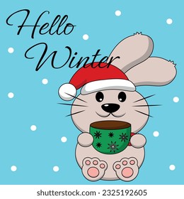 Christmas greeting postcard with character Rabbit with cup