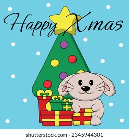 Christmas greeting postcard with character Rabbit with Christmas tree and gift box