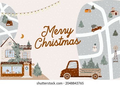 Christmas greeting postcard with cute scandinavian houses with storefront, christmas red car with Christmas tree, maps. Editable vector illustration.