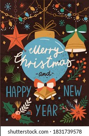 Christmas greeting postcard decorated with garland, bauble, bell, star and floral branches. Winter holidays poster with xmas and new year congratulation. Vector flat cartoon illustration