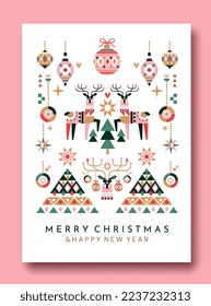 Christmas greeting postcard. Deer and fir trees from abstract minimalistic patterns. Creativity and art. Poster or banner for website, invitation card design. Cartoon flat vector illustration