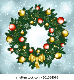 Christmas greeting postcard with green wreath with gold bow and balls. Vector illustration