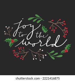 Christmas greeting postcard of handwritten lettering, berry branches and leaves. Joy to the world