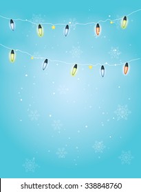 Christmas greeting postcard. Christmas lights and decoration on light blue background with snowflakes.
