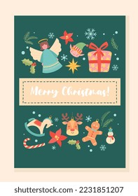 Christmas greeting postcard. Toys and gift wrapping next to inscription. Poster or banner for website, cover. Marketing and advertising. Winter holidays symbol. Cartoon flat vector illustration