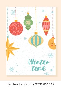Christmas greeting postcard. Toys on pendants, decorations for apartment, symbol of holiday and New Year. Winter time and festivals. Red ball, star and month. Cartoon flat vector illustration