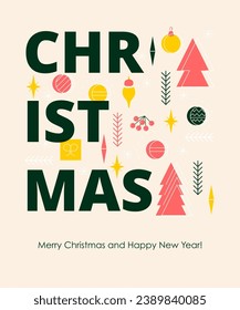 Christmas Greeting Postcard. Vector Illustration of Winter Holiday. Happy New Year. Typography Design.