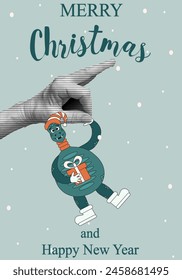 Christmas greeting Poster Cover design with cute Snake and Halftone hand. Chinese New Year card with trend Halftone element. Retro pastel Vector aesthetic for Web and Social media. Editable stroke.