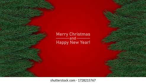 
Christmas greeting poster with spruce branches on a red background. Brochure design template, Card, Banner.
Stock vector illustration.